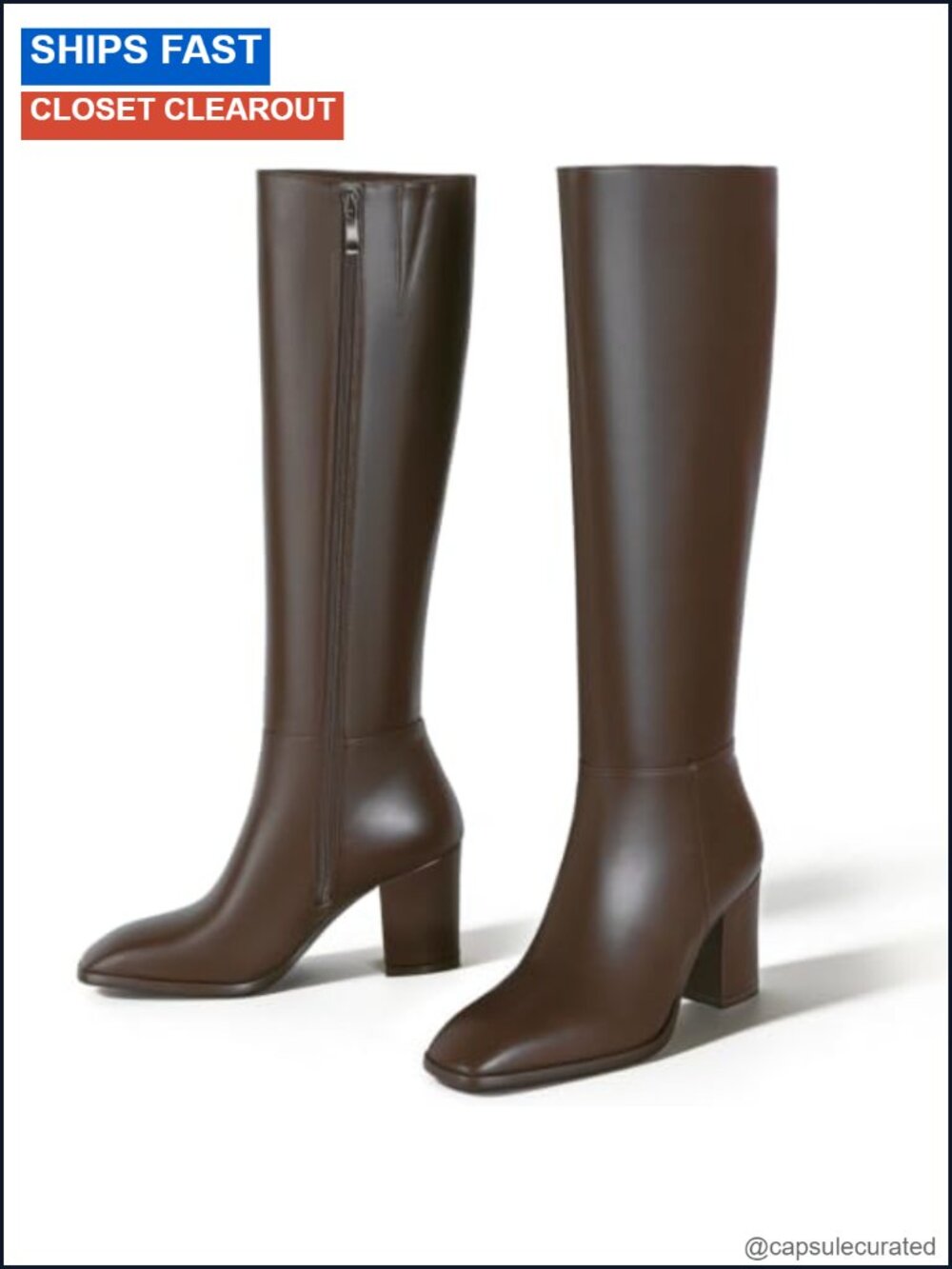Knee High Boots Women Chunky Heel Square Toe PU Leather Zip Wide Calf